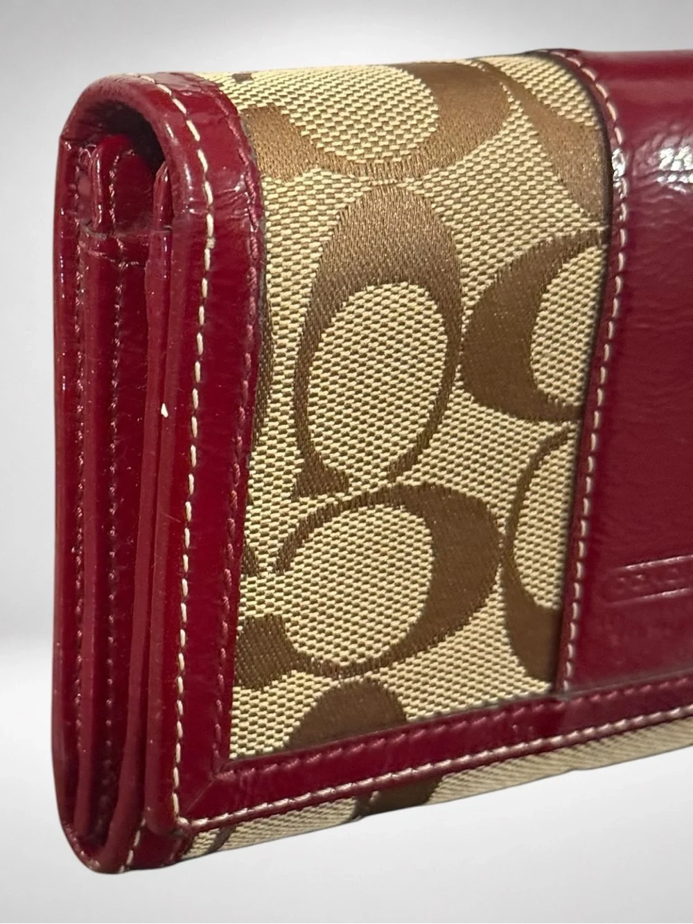 COACH Signature Canvas Leather Trifold Wallet Red Khaki Logo Wallet Y2K Vintage